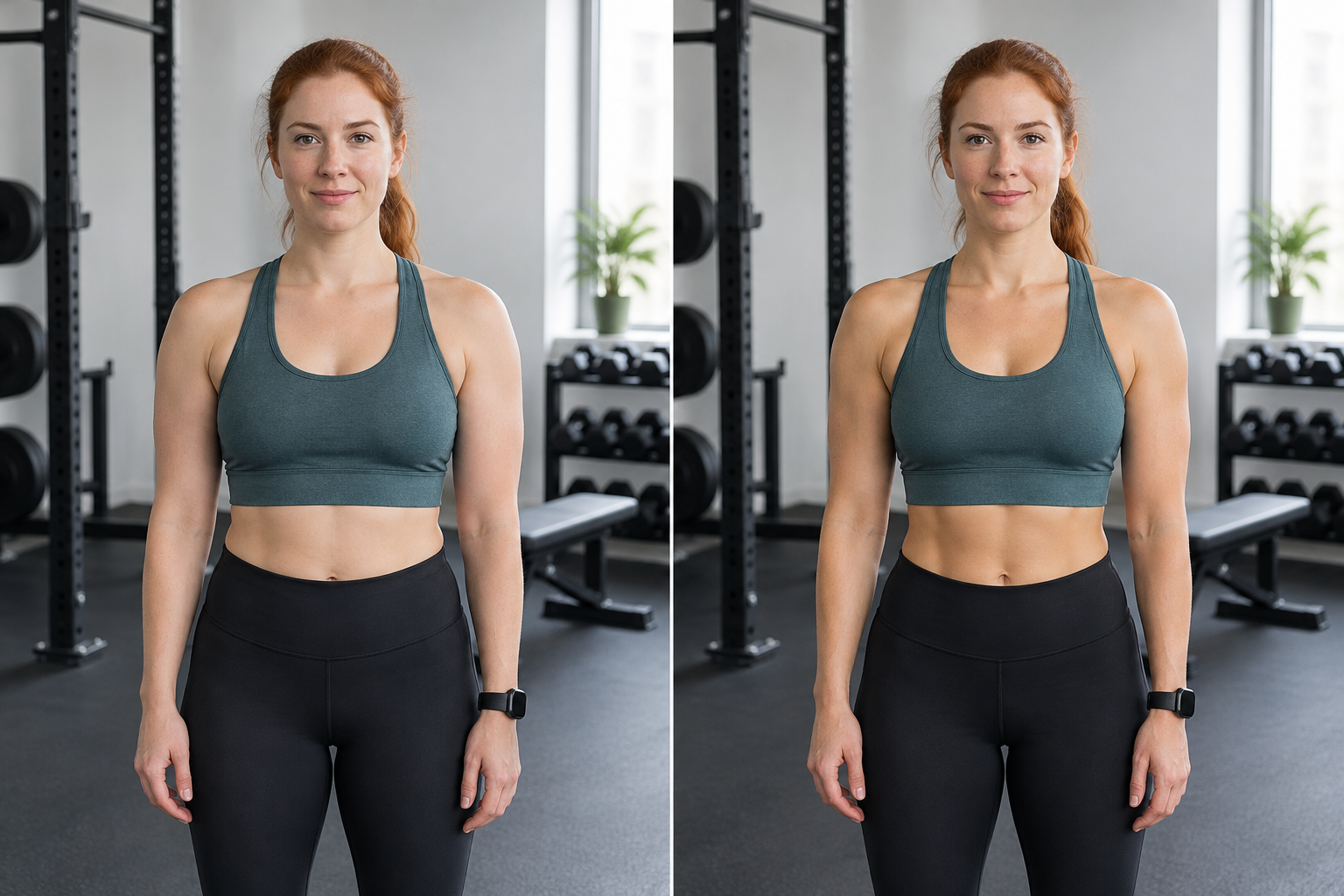 The same auburn-haired adult woman in her muted teal training top after a 12-week plan, appearing stronger and more conditioned in the same bright gym.