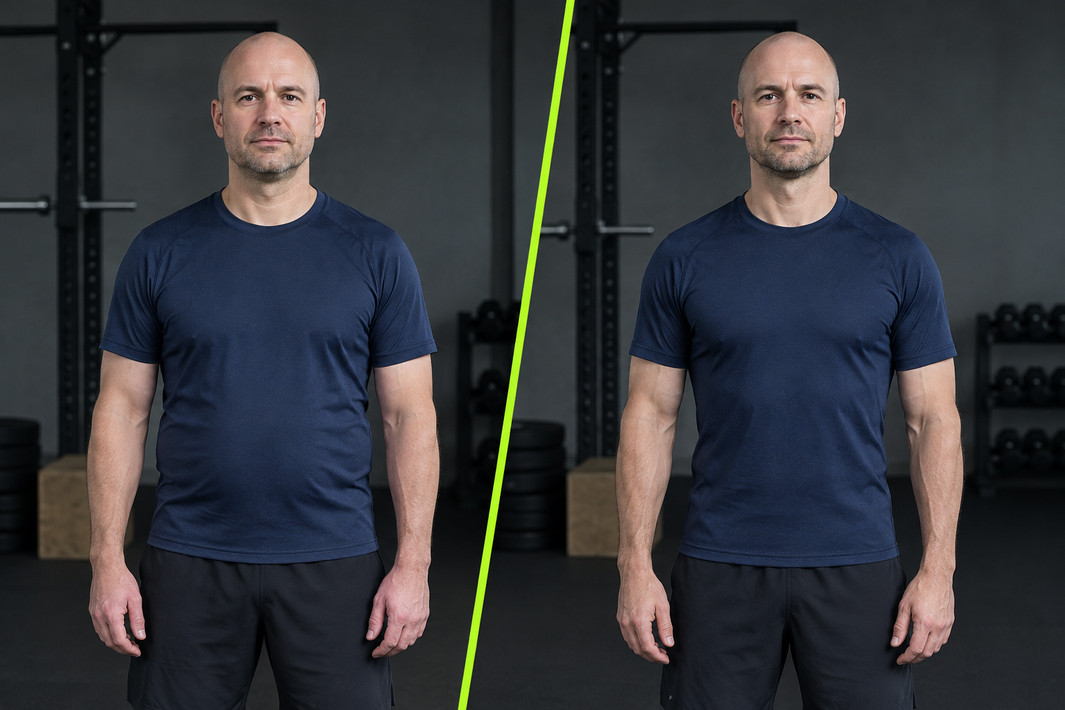 The same shaved-head man in his navy athletic shirt after a 12-week routine, looking fitter and more defined in the same simple training space.
