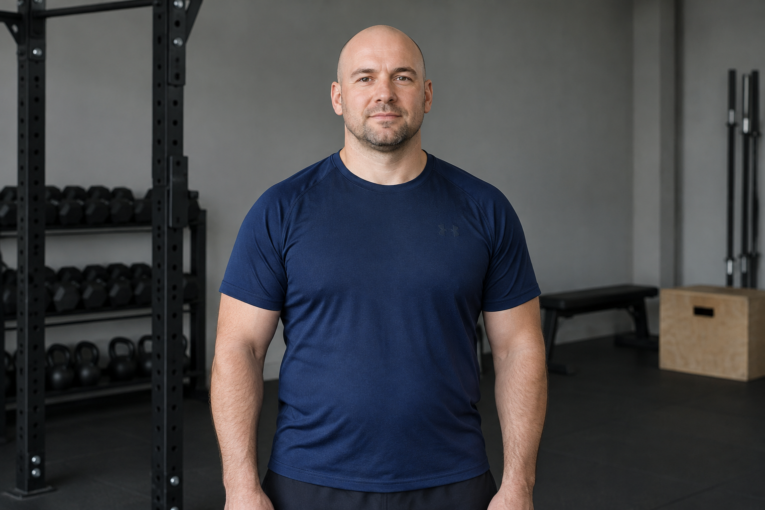 Adult man in his forties with a shaved head and broad build, wearing a navy athletic shirt in a simple training space before a guided fitness routine.