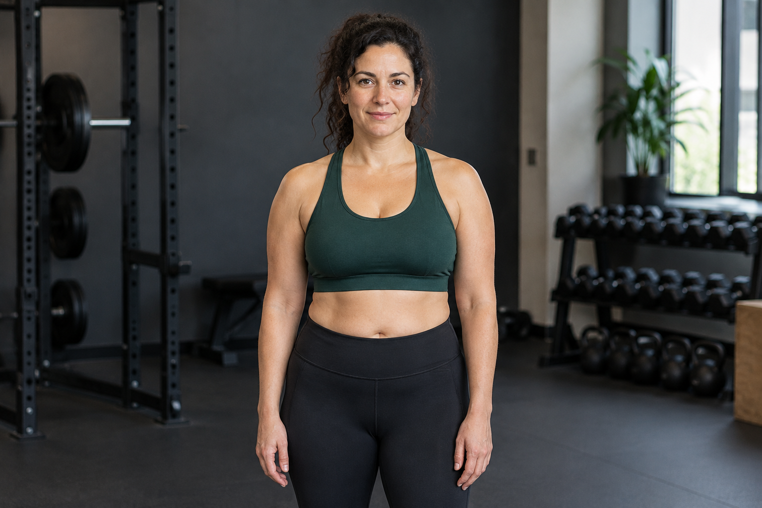 Adult woman in her early forties with dark curly hair, wearing a deep green training top in a calm studio gym before beginning a structured program.