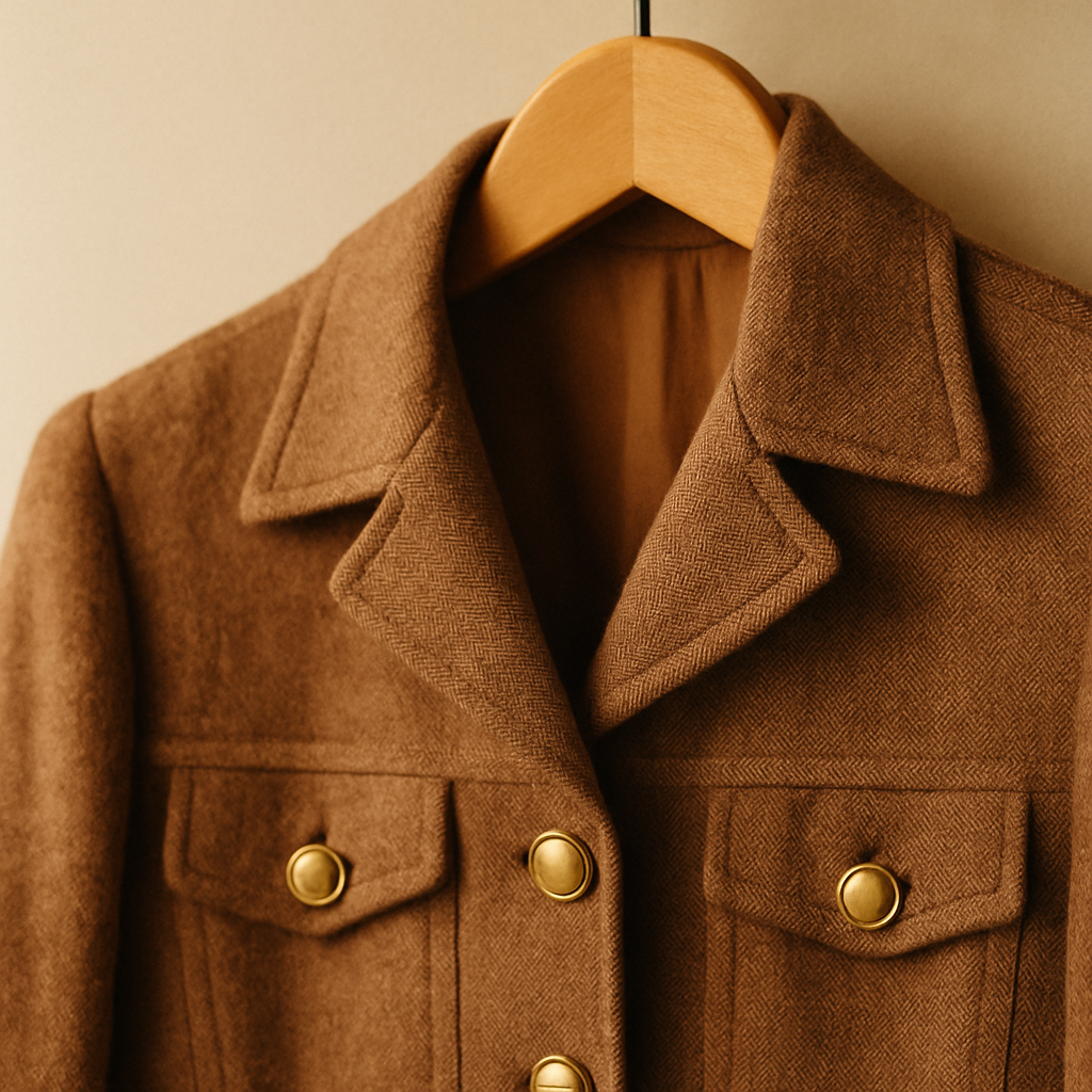 Close-up of a vintage 70s jacket with textured brown fabric and gold buttons, styled on a wooden hanger