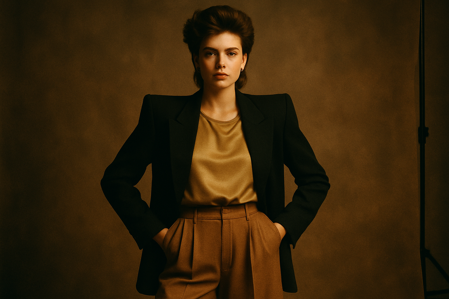 80s-inspired editorial image with bold silhouette, statement layers, and confident styling in muted tones