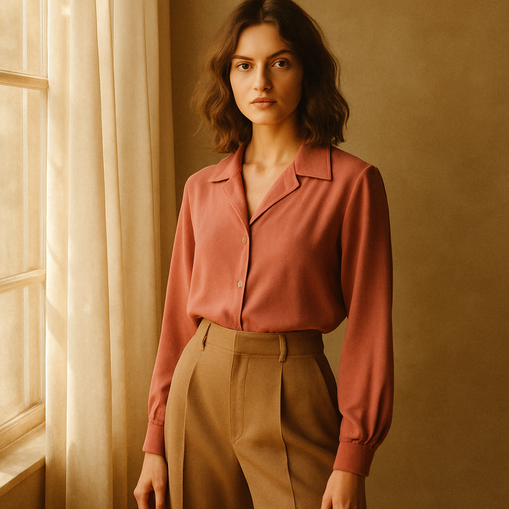 Warm film-style portrait of a vintage fashion model in a dusty rose blouse and high-waisted 70s trousers, standing near a sunlit studio window with soft grain texture