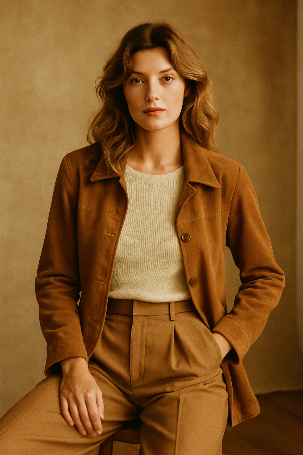 70s-inspired editorial photo with relaxed tailoring, warm earth tones, and soft film grain
