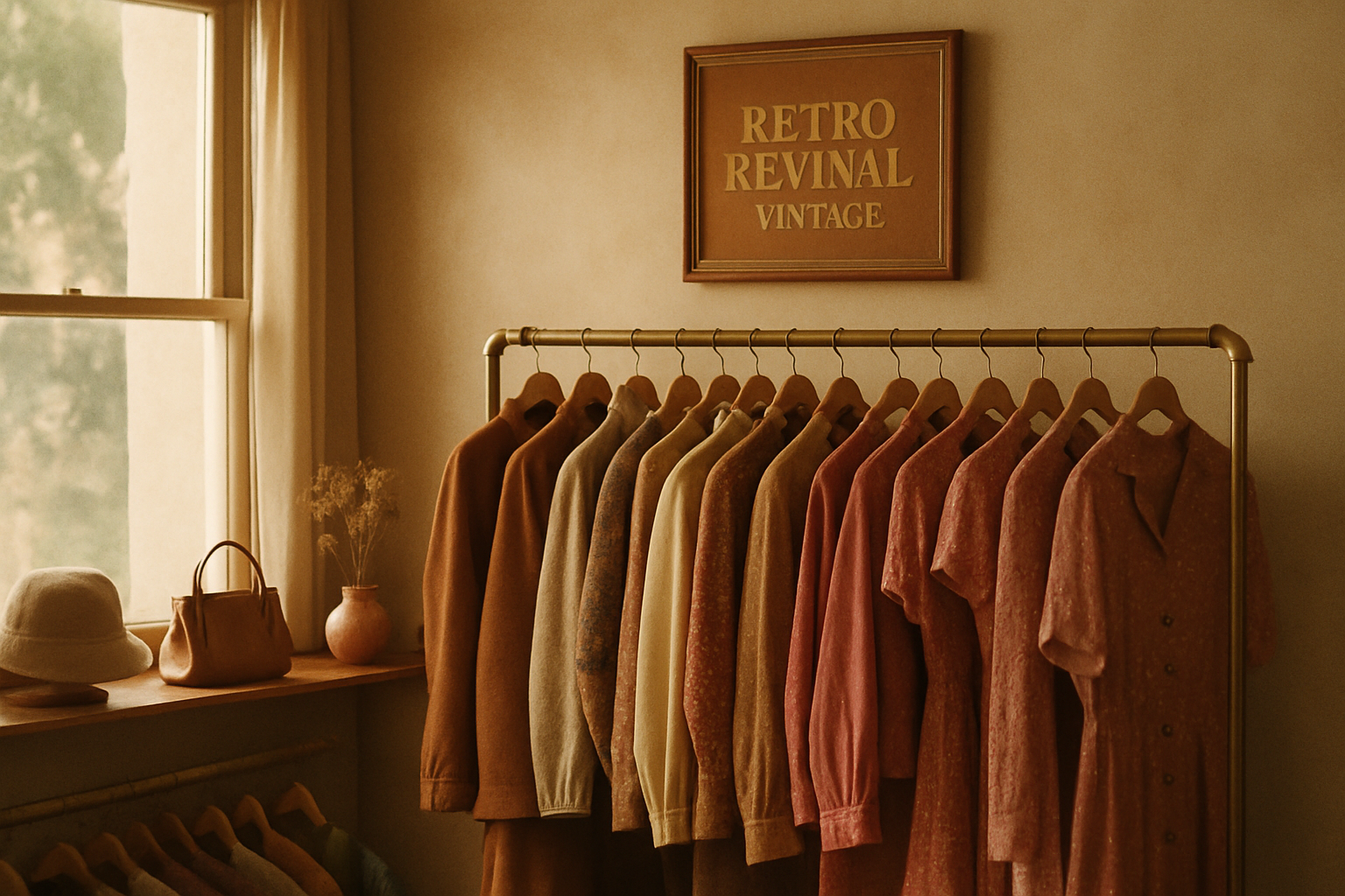 Warm film-style portrait of a retro boutique interior with a rack of 70s and 80s garments, sun-faded tones and cozy lighting