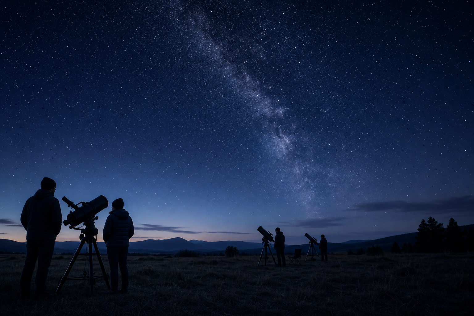 Calm night sky observation field with telescope silhouettes under visible stars