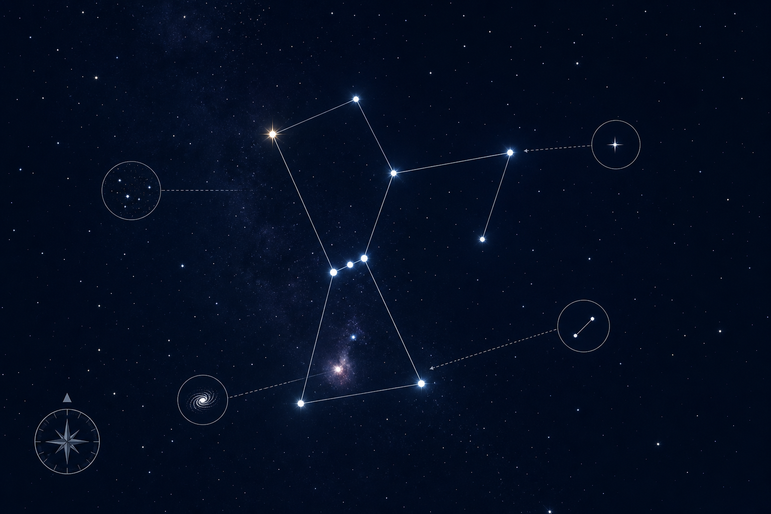 Simplified educational star map showing major constellation lines, labeled guide points, and a calm dark-sky style layout