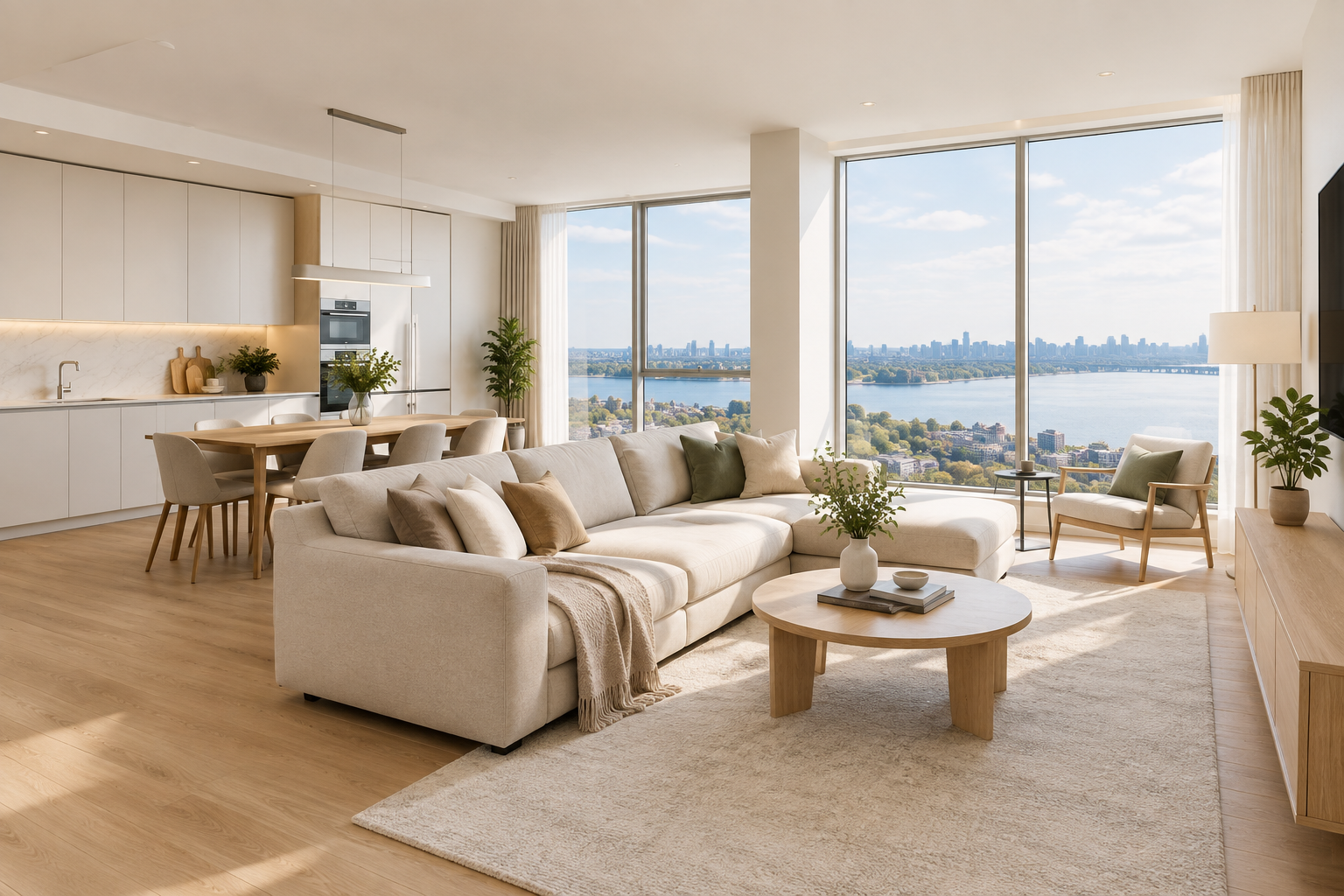 Refined three-bedroom Obolon apartment with broad Dnipro views and a contemporary open-plan kitchen
