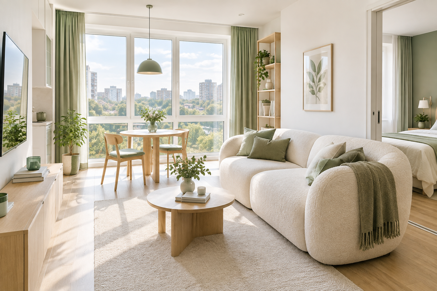 Airy one-bedroom Obolon apartment with soft green accents and wide windows overlooking trees