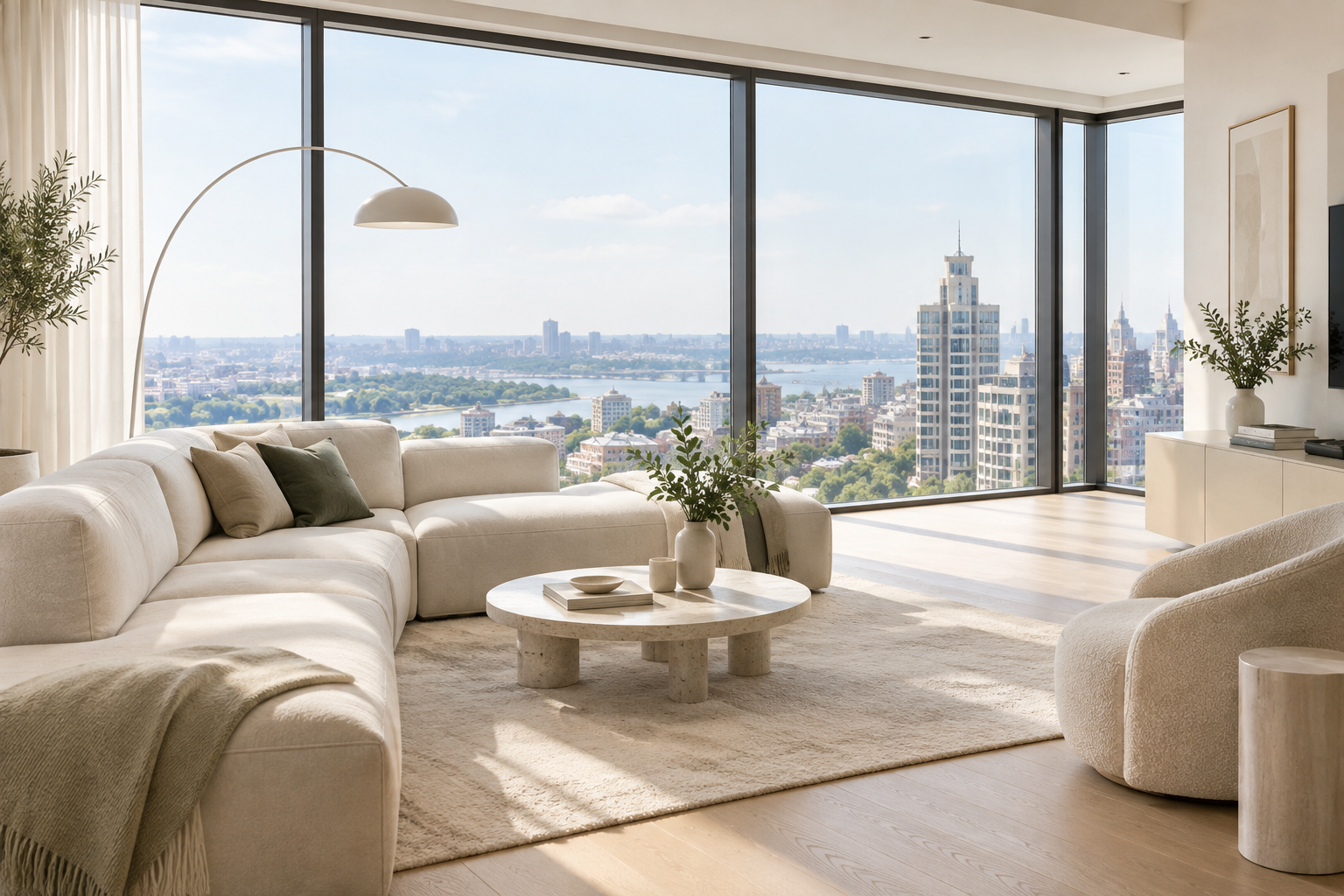 Bright contemporary living room in a Pechersk apartment with panoramic Kyiv skyline windows