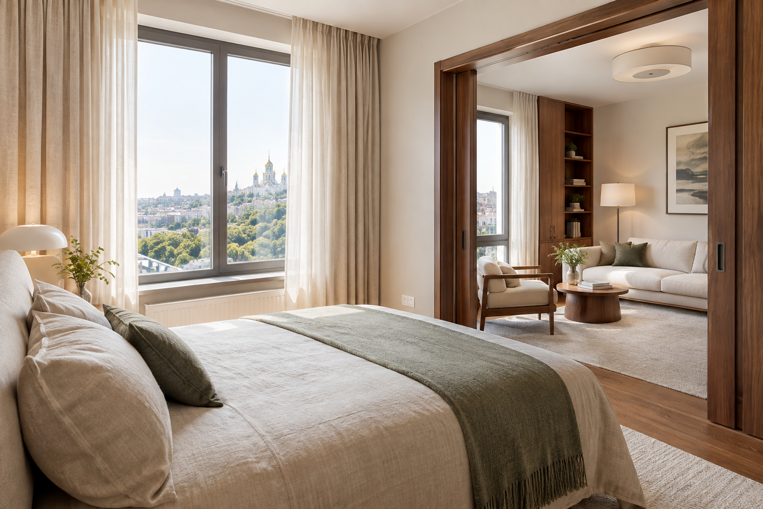 Warm renovated bedroom and lounge in an elegant Pechersk apartment near Mariinskyi Park