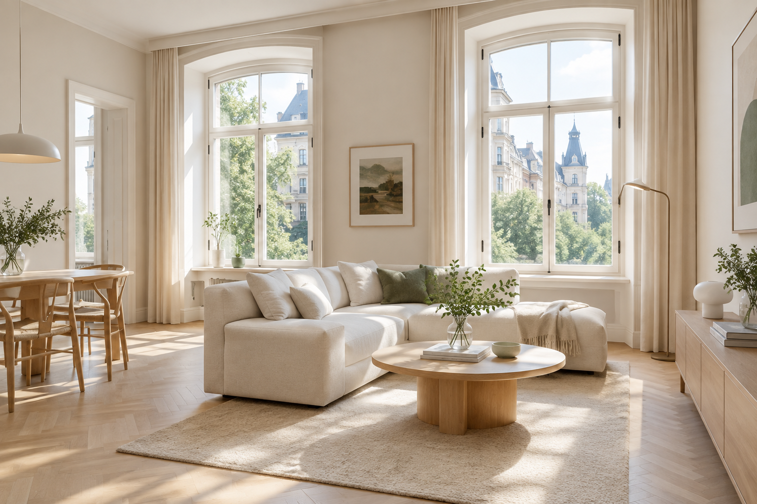 Stylish sunlit Podil apartment with tall windows, pale wood floors, and a courtyard view