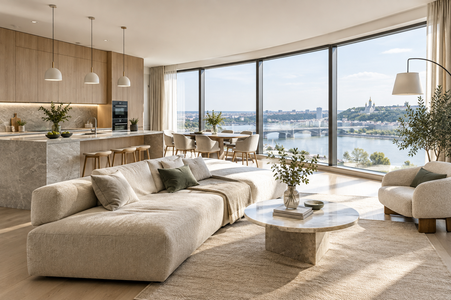 Large modern family apartment in Podil with a river-facing living space and textured neutral furnishings