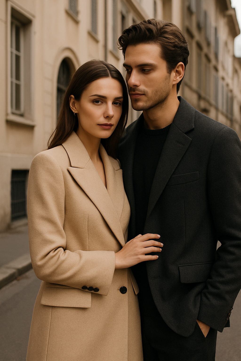 Couple portrait in a quiet city street with refined styling