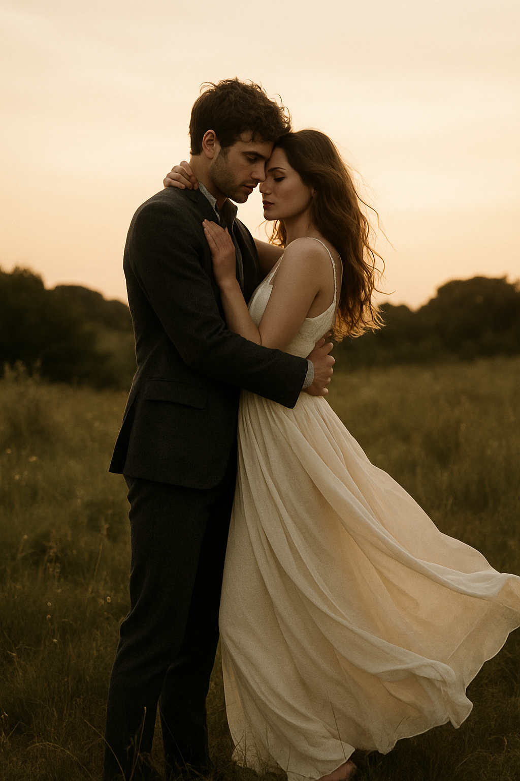 Couple embracing in an open field at sunset