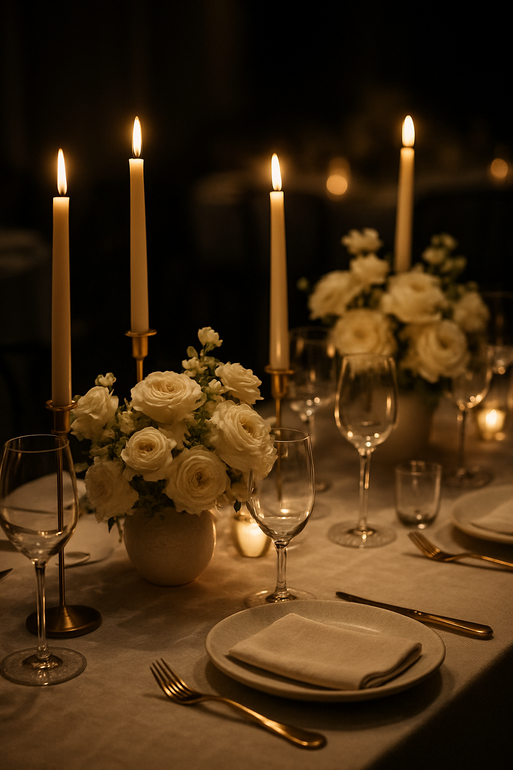 Elegant wedding reception table with candlelit atmosphere