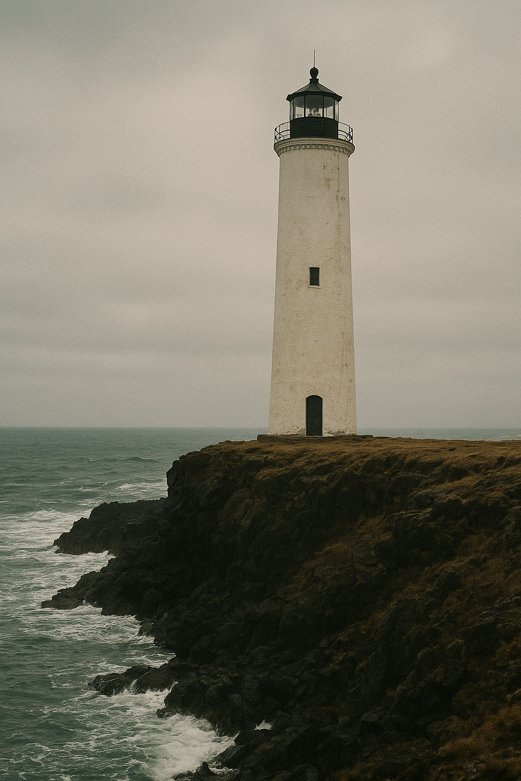 Tall white signal tower on a dark cliff edge above choppy coastal water