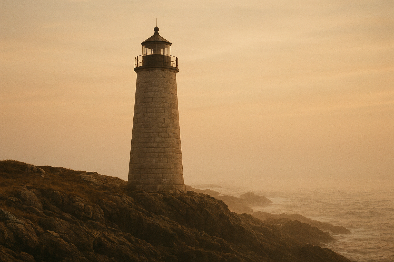 Granite lighthouse tower at dawn with low mist over a northern coast headland