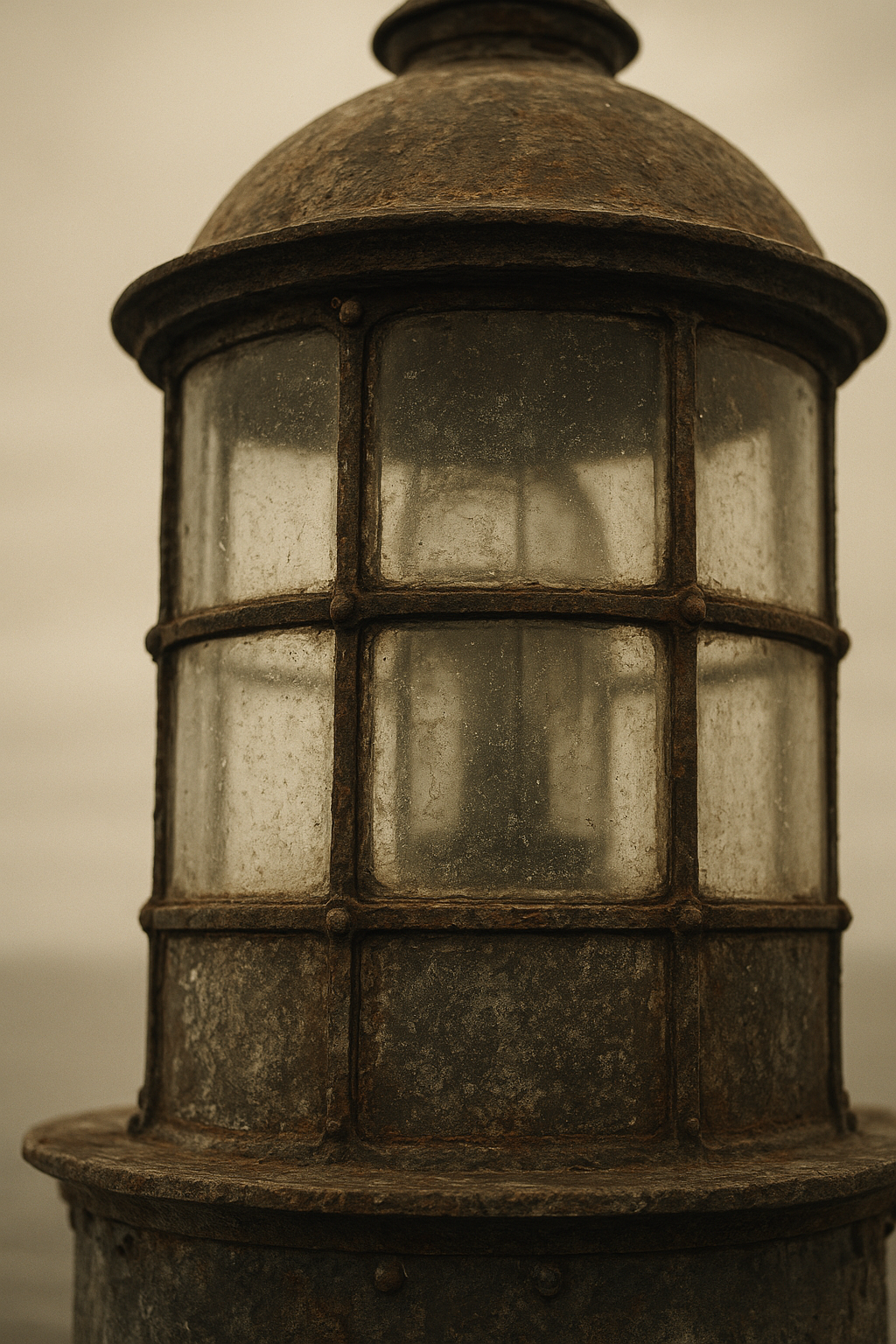 Close documentary crop of weathered lighthouse lantern glass with salt marks and soft coastal light