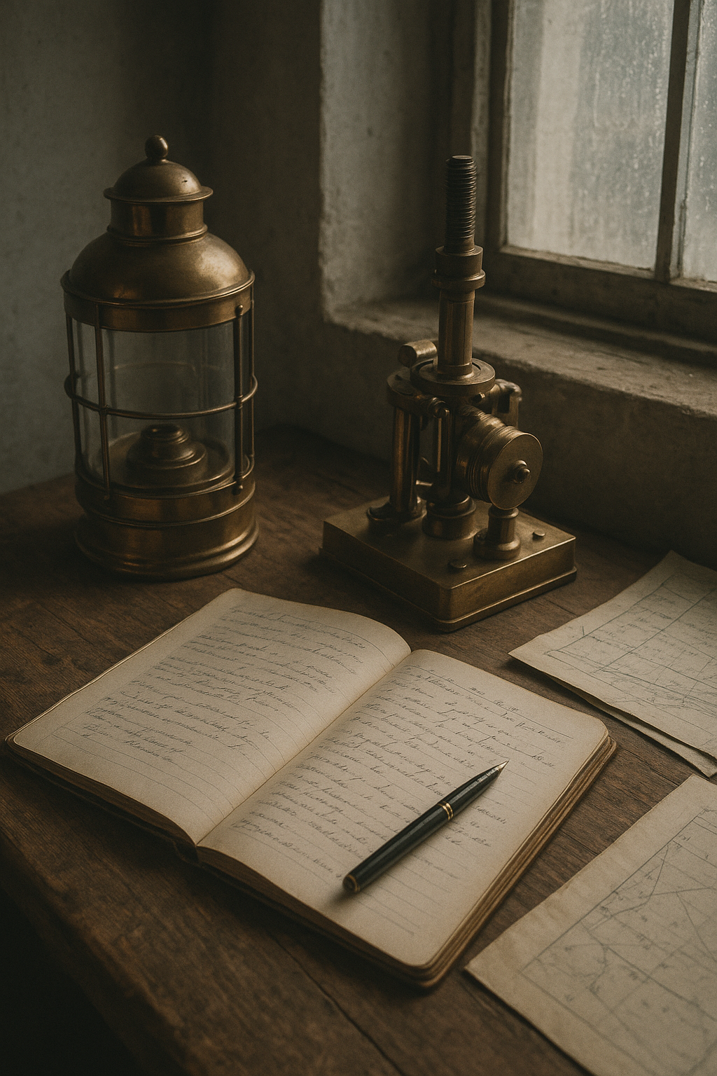 Quiet period lighthouse interior with a brass lamp mechanism, handwritten maintenance ledger, and weathered wooden desk by a small sea-facing window