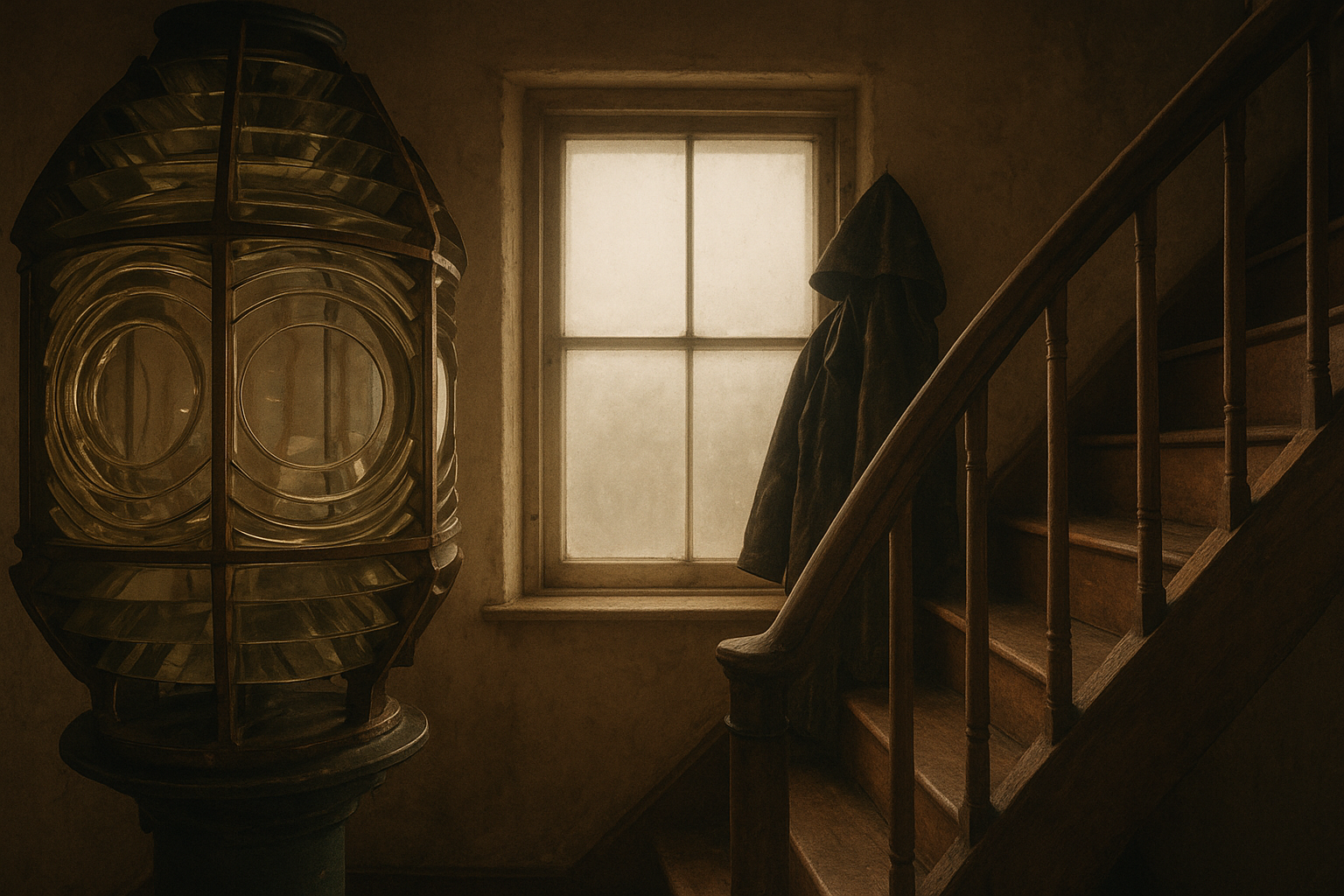 Dim lantern room interior with brass lens, weathered wood stairs, and a keeper's oilskin coat hanging near a fogged window