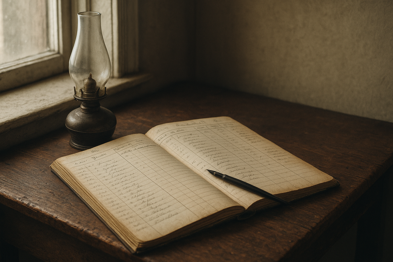 Simple keeper quarters desk with weathered oil lamp and handwritten duty ledger