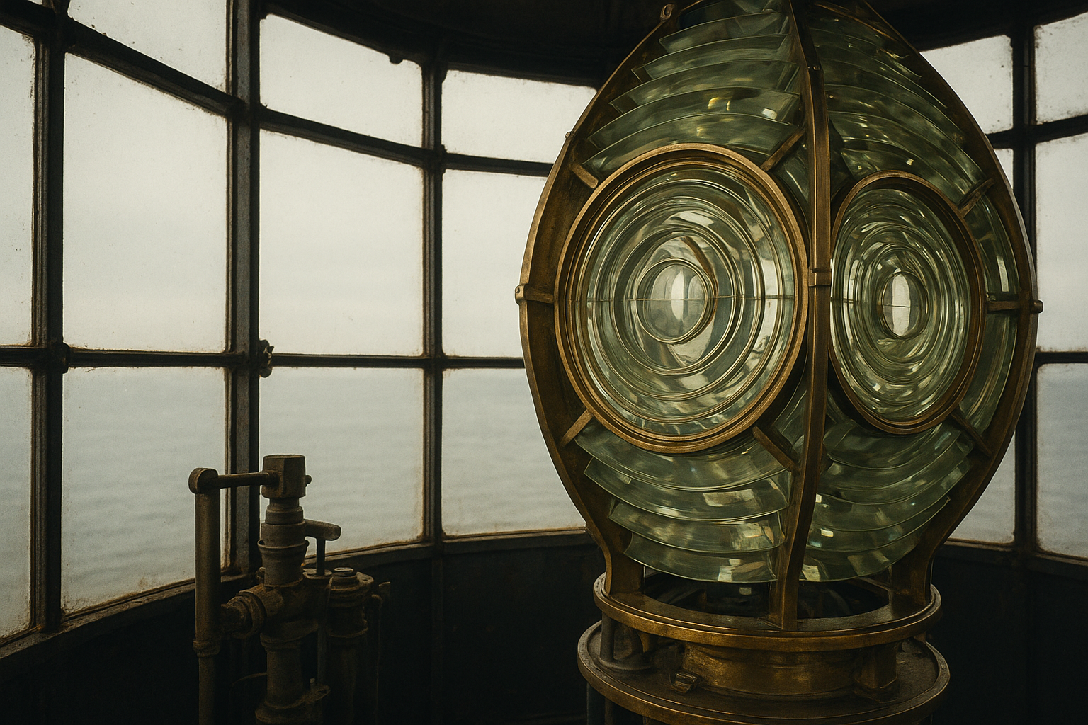 Brass lantern room lens with hand-polished glass and narrow iron framing