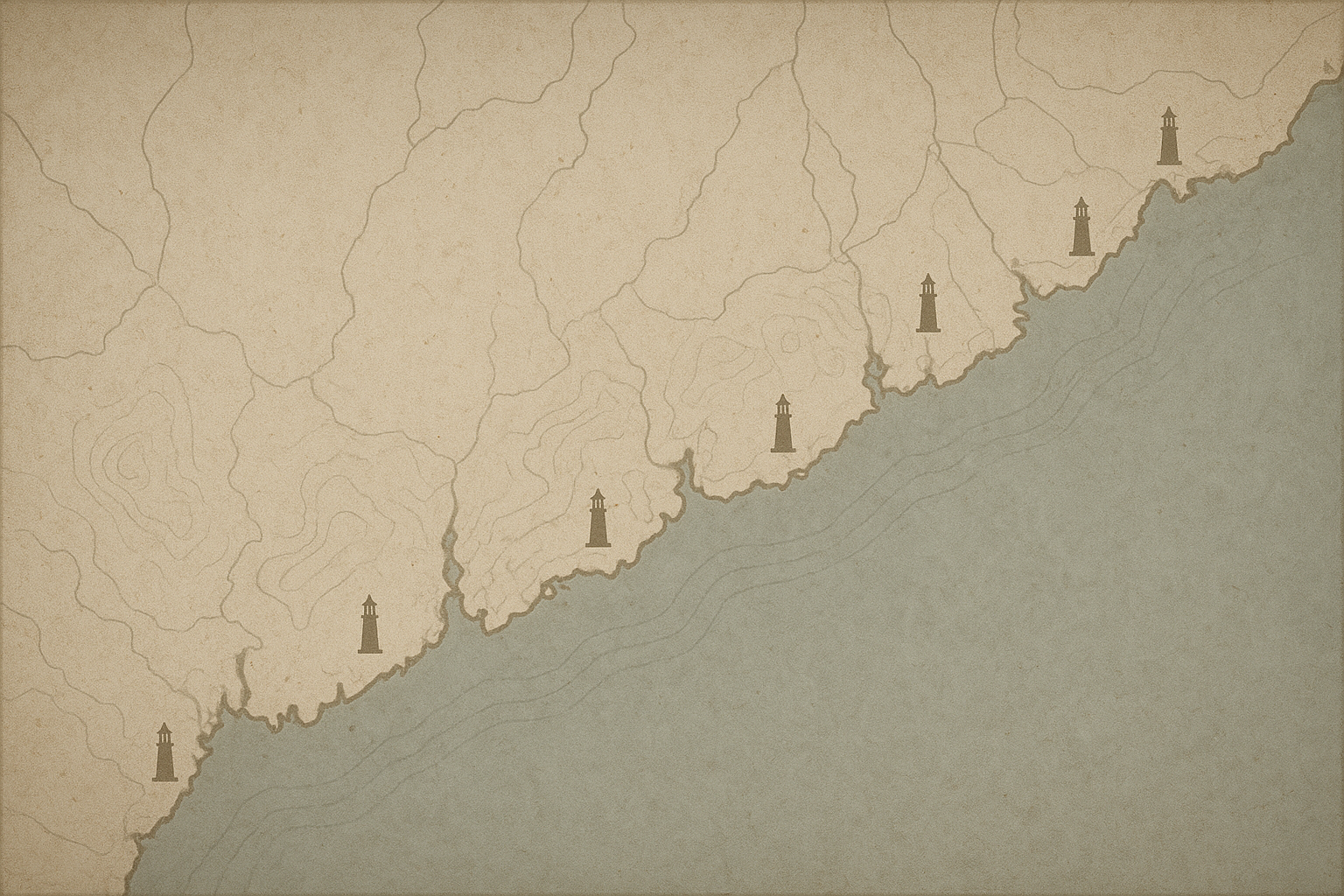 Muted coastal map texture with shoreline linework and small lighthouse location markers
