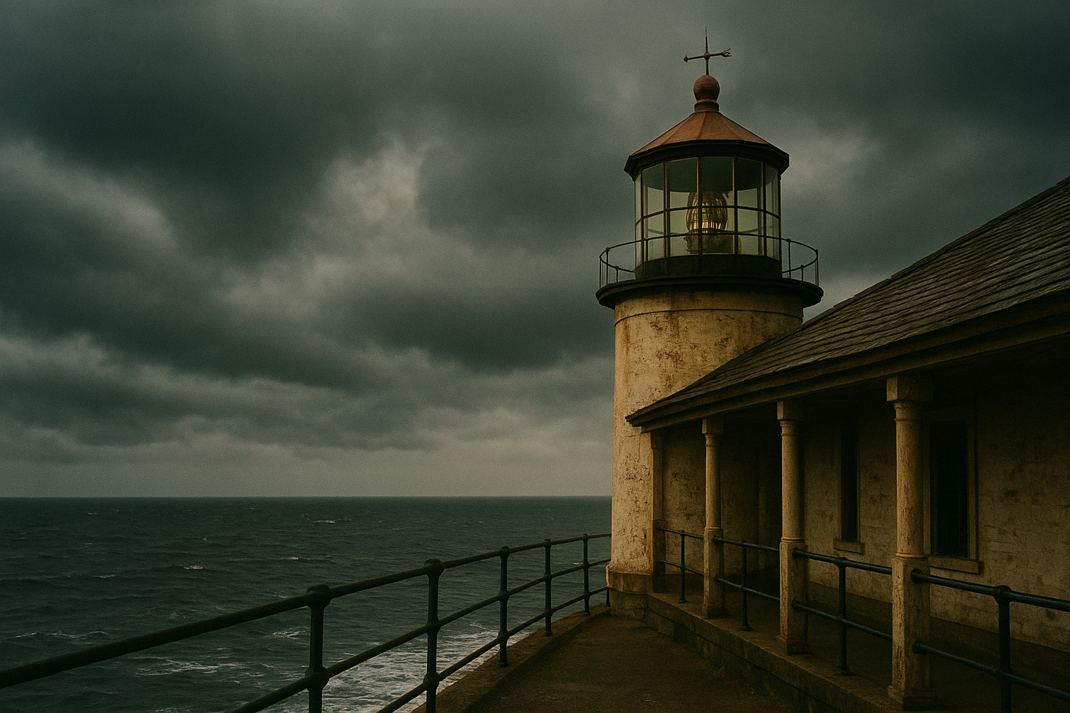 Covered exterior gallery of a lighthouse facing a dark storm front at sea