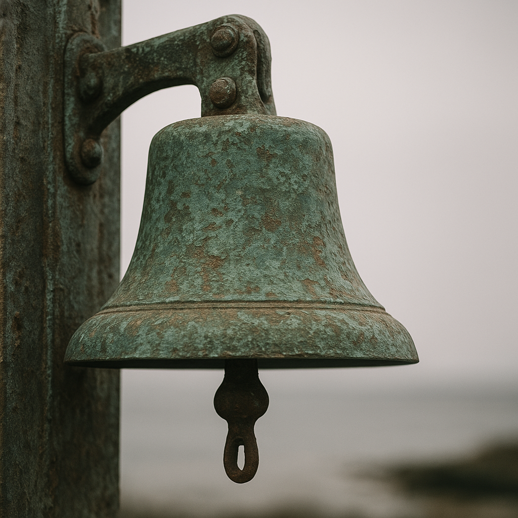 Close detail of a weathered bronze fog bell with salt patina and riveted mount