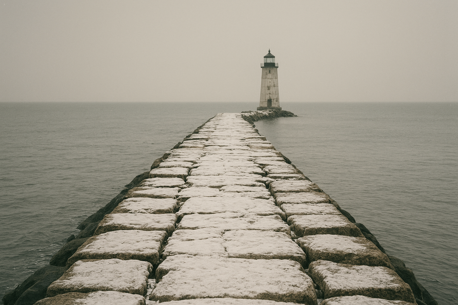 Snow-dusted stone jetty leading toward a lighthouse approach under pale winter light