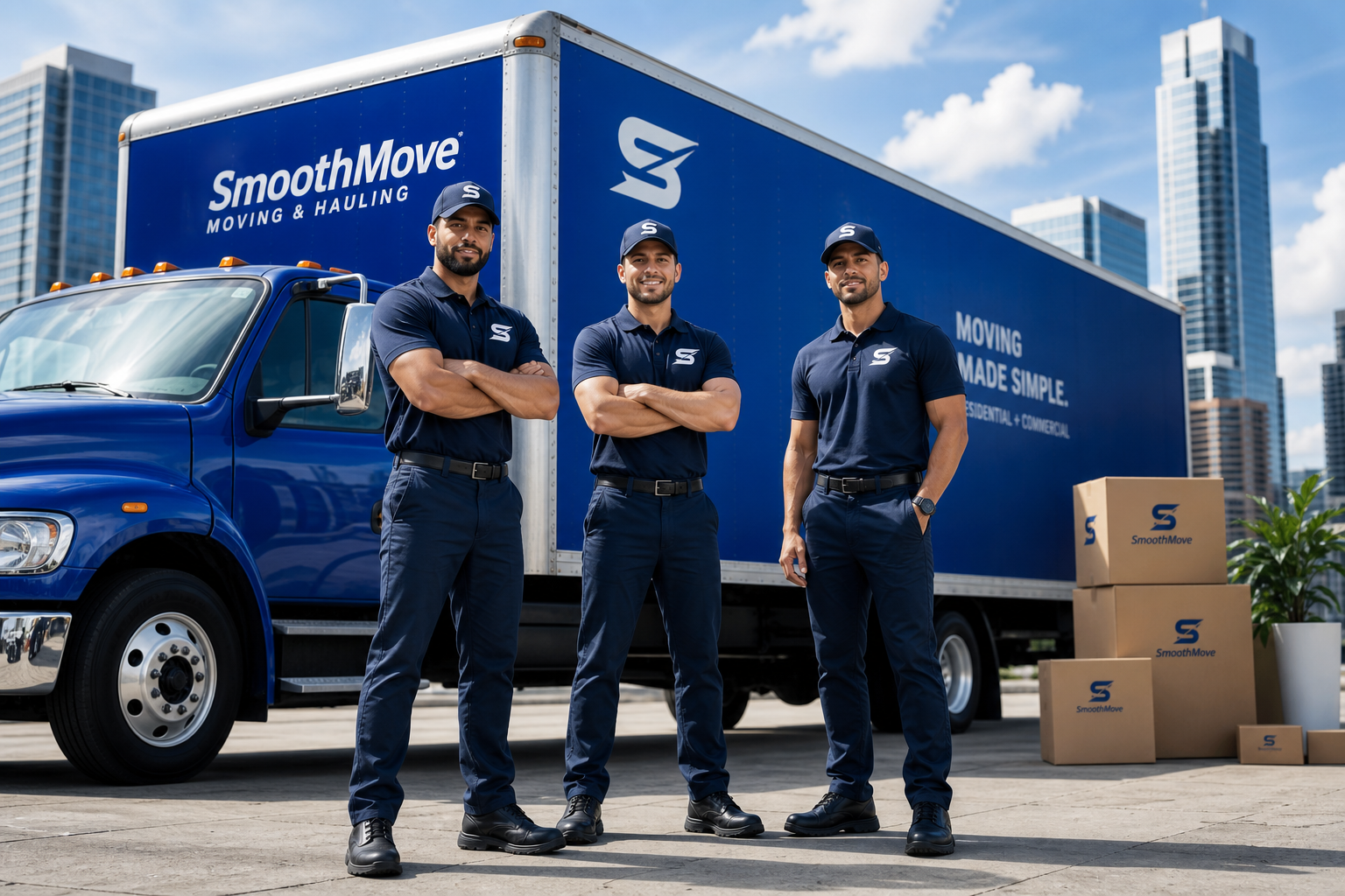 Professional moving crew in navy uniforms standing beside a royal blue moving truck, ready for a premium residential move