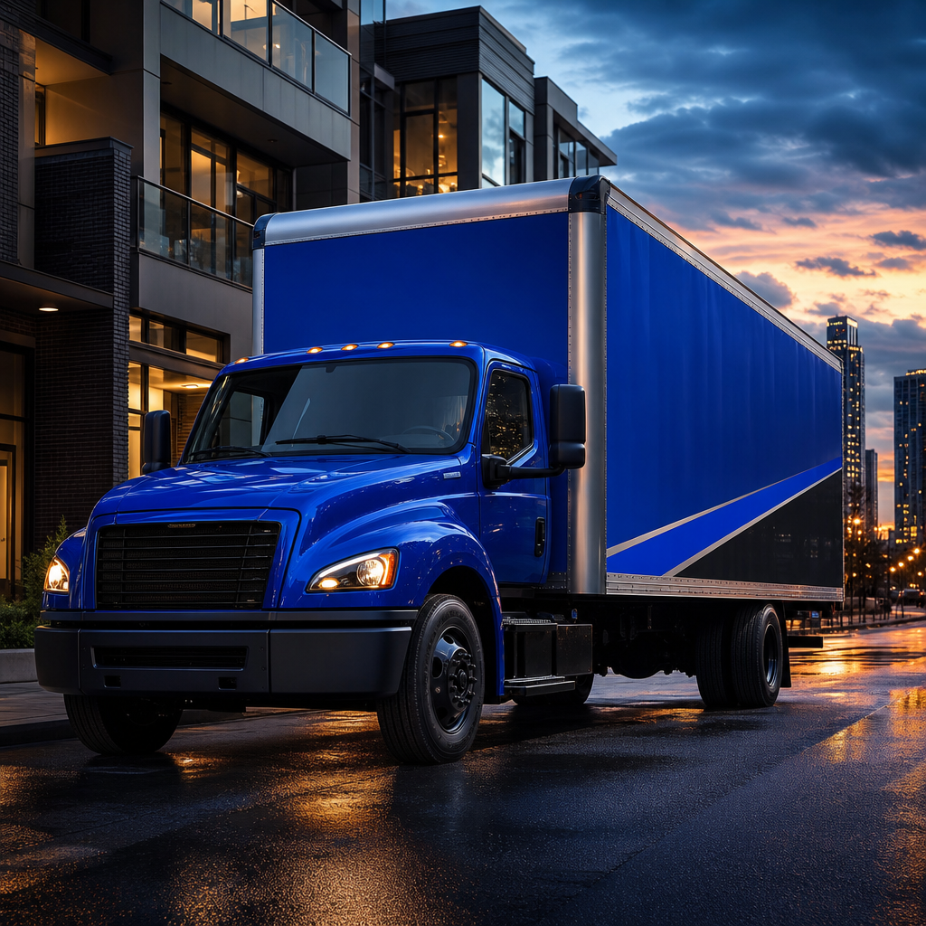 Royal blue moving truck parked at dusk with cinematic lighting