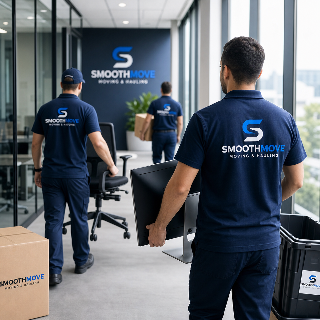 Modern office relocation scene with movers carrying equipment