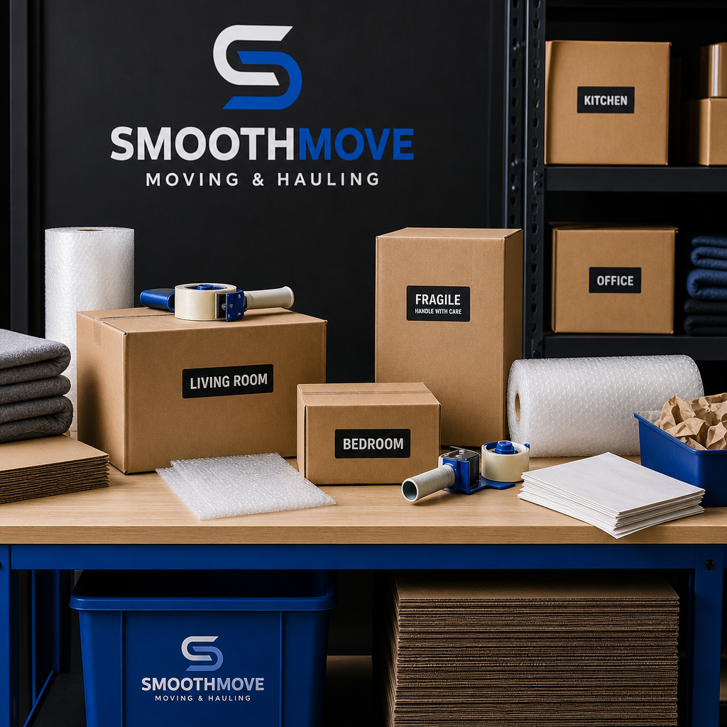 Professional packing station with labeled boxes and protective materials
