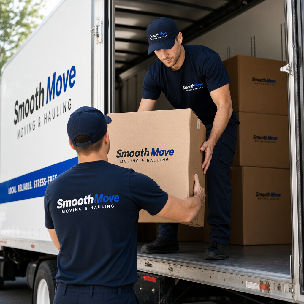 Two uniformed movers loading boxed items into a truck