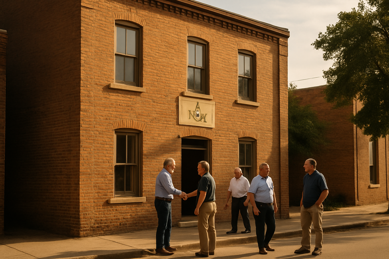 Historic lodge building exterior with members greeting neighbors on a clear afternoon
