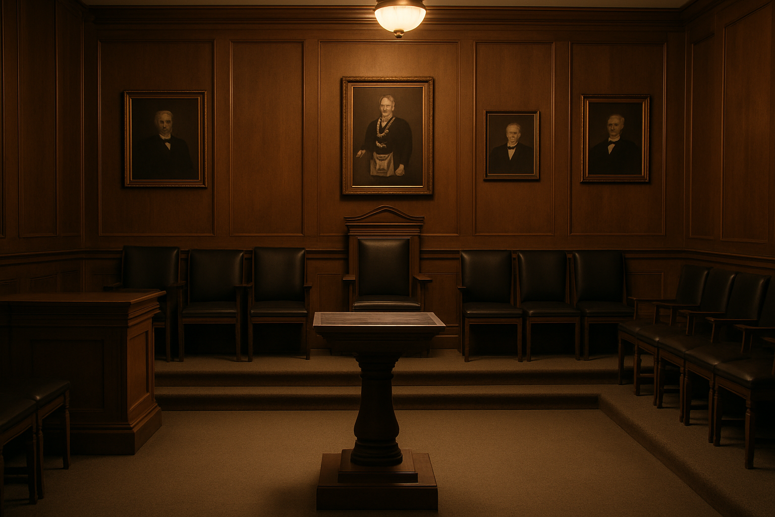 Warmly lit historic lodge interior with polished wood chairs, framed portraits, and traditional Masonic details