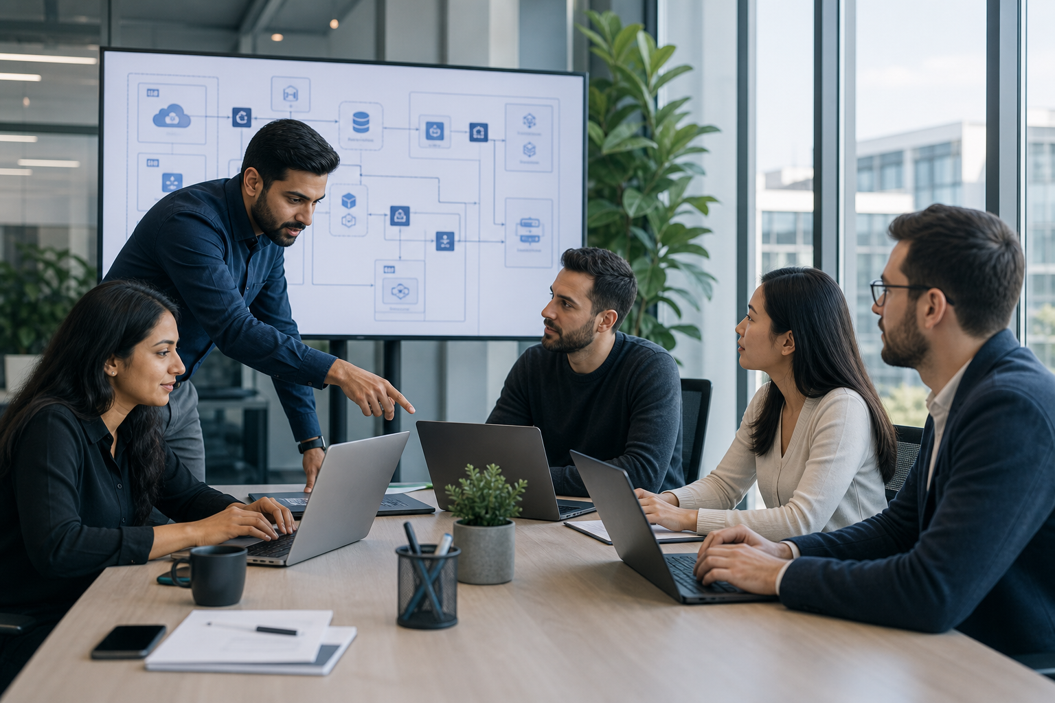 Professional enterprise technology team collaborating in a modern office with laptops, analytics screens, and project planning notes