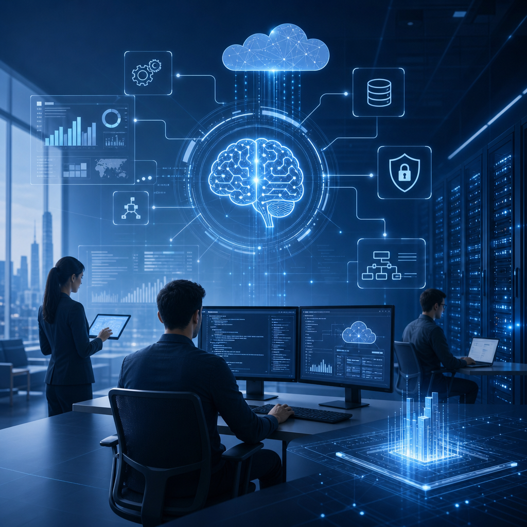 Executive enterprise technology visual showing AI analytics, cloud infrastructure, software engineering, intelligent automation workflows, and cybersecurity monitoring in a modern operations center