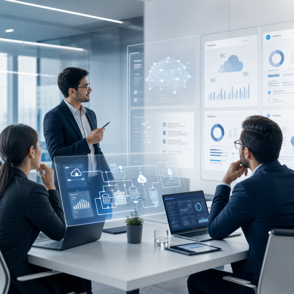 Professional enterprise technology operations workspace with analysts reviewing software delivery dashboards