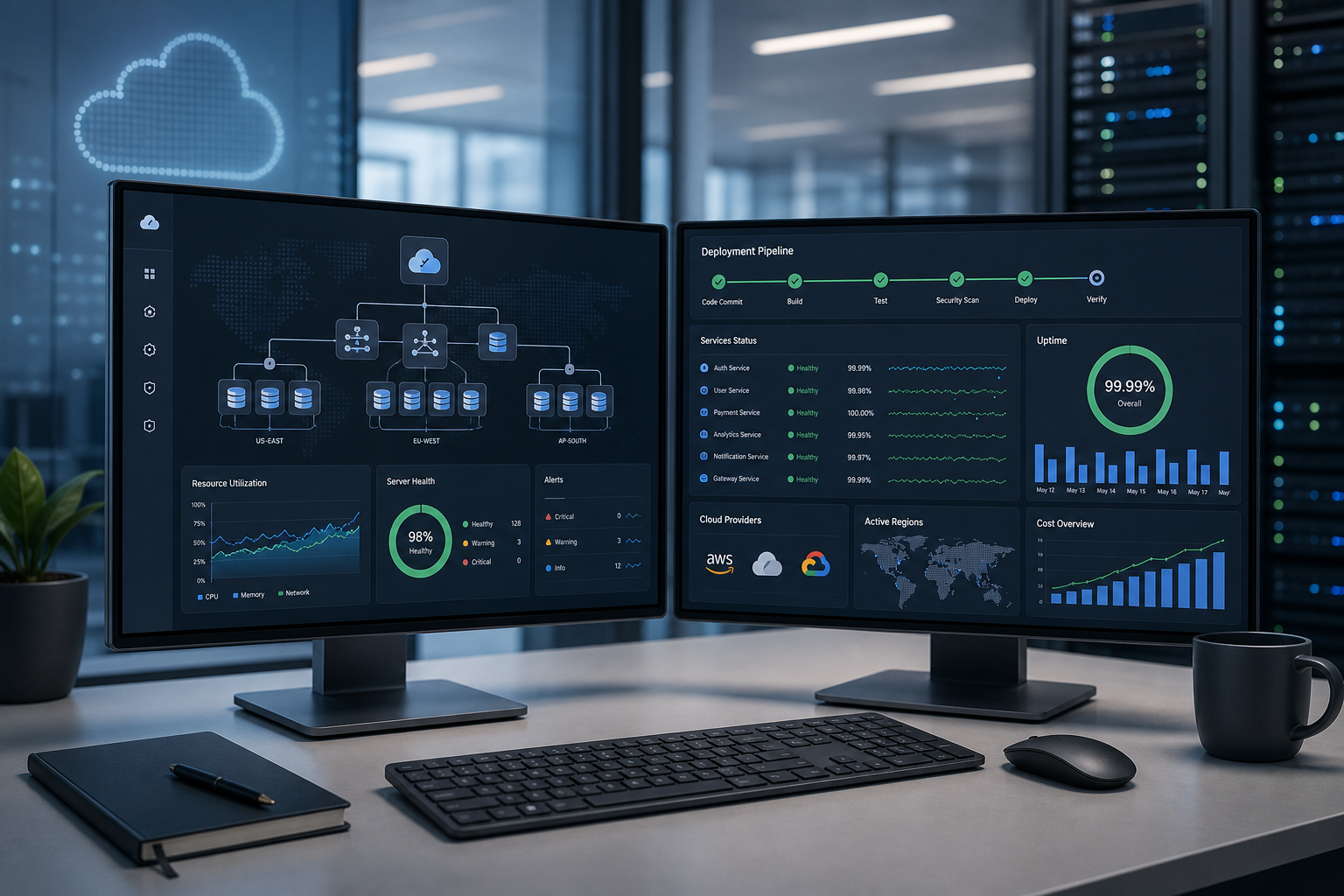 Cloud operations dashboard with infrastructure monitoring and deployment status views