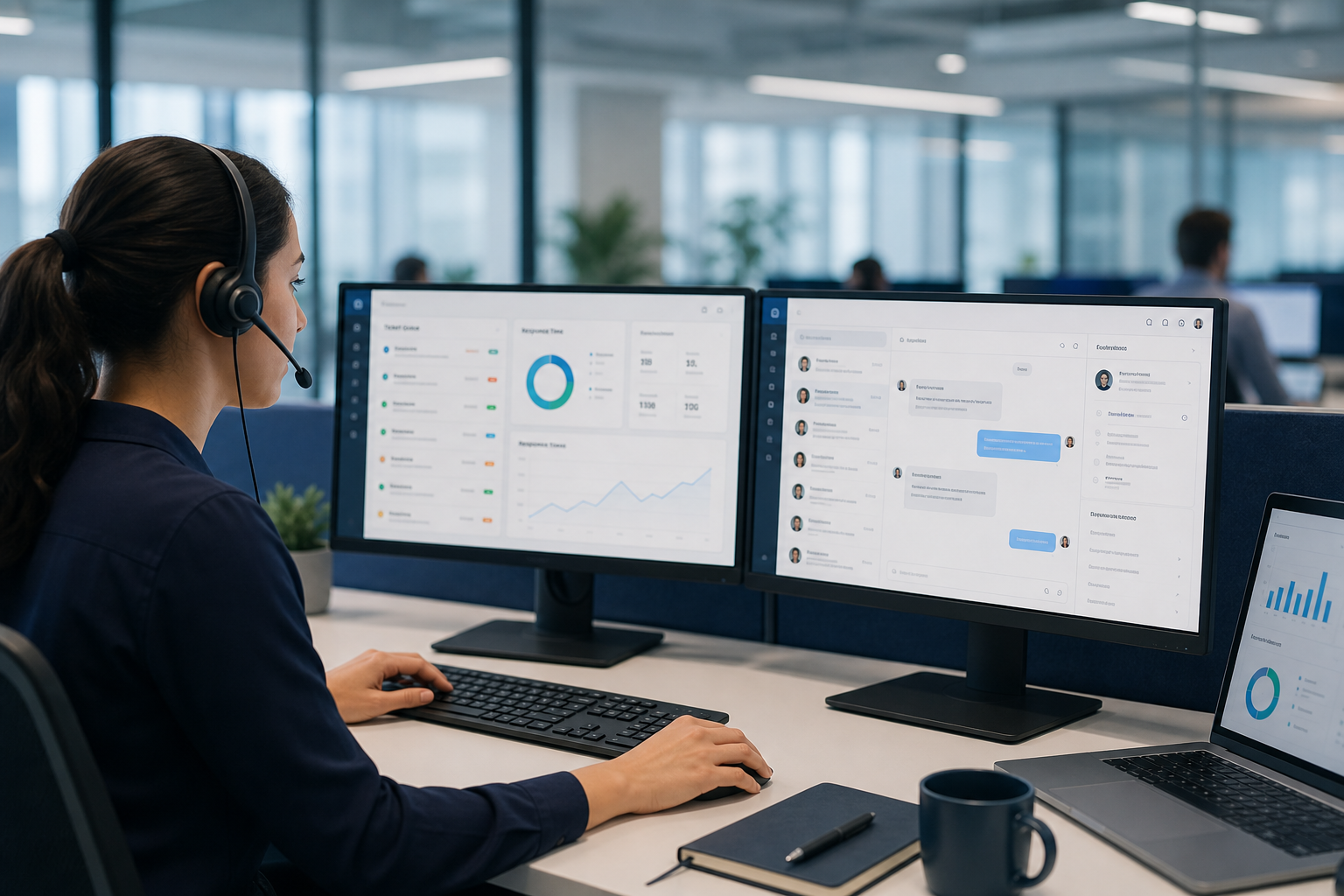Customer support operations desk with ticketing screens and service response analytics