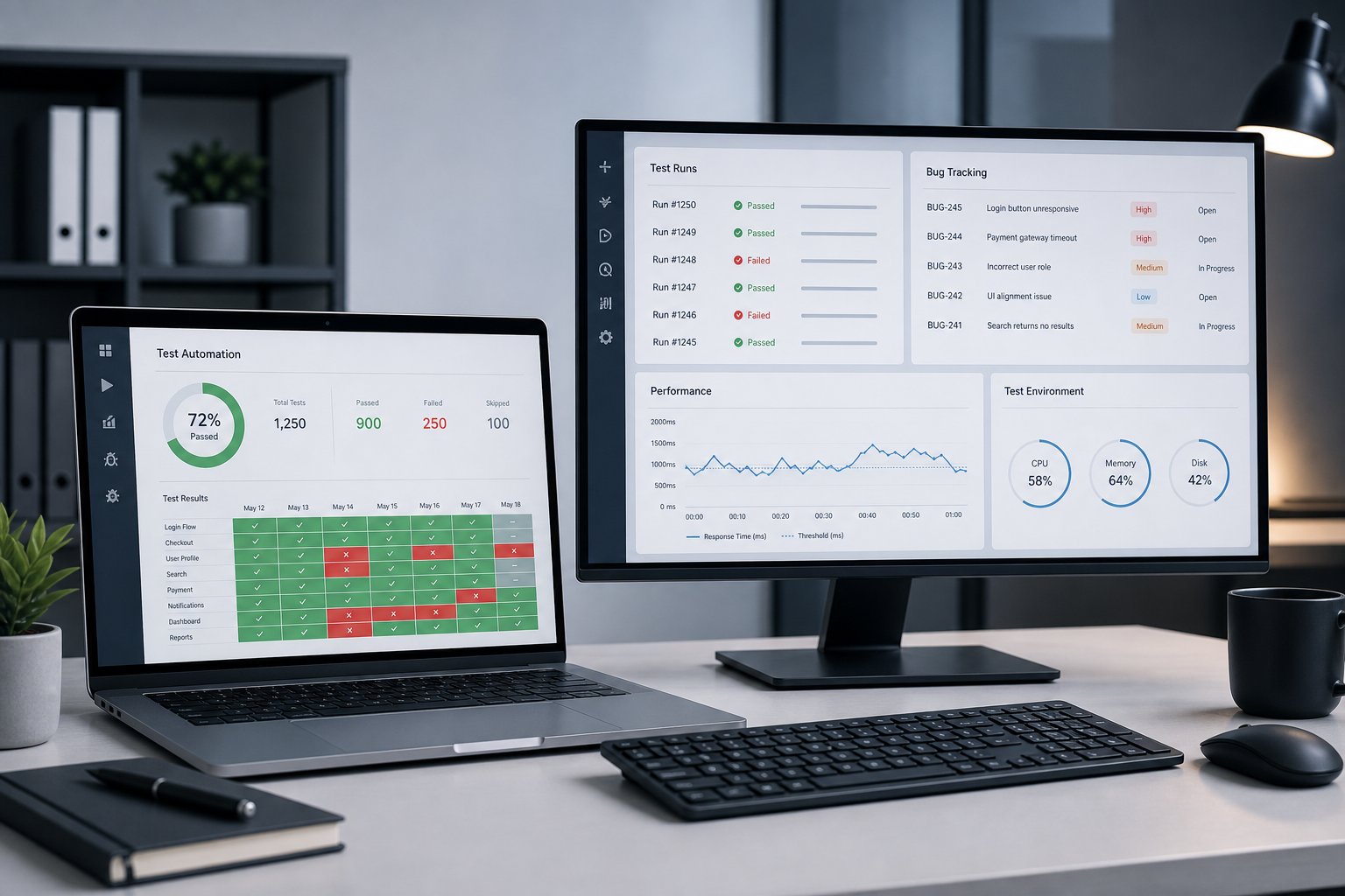 Software testing workspace with automated test runs and quality metrics charts