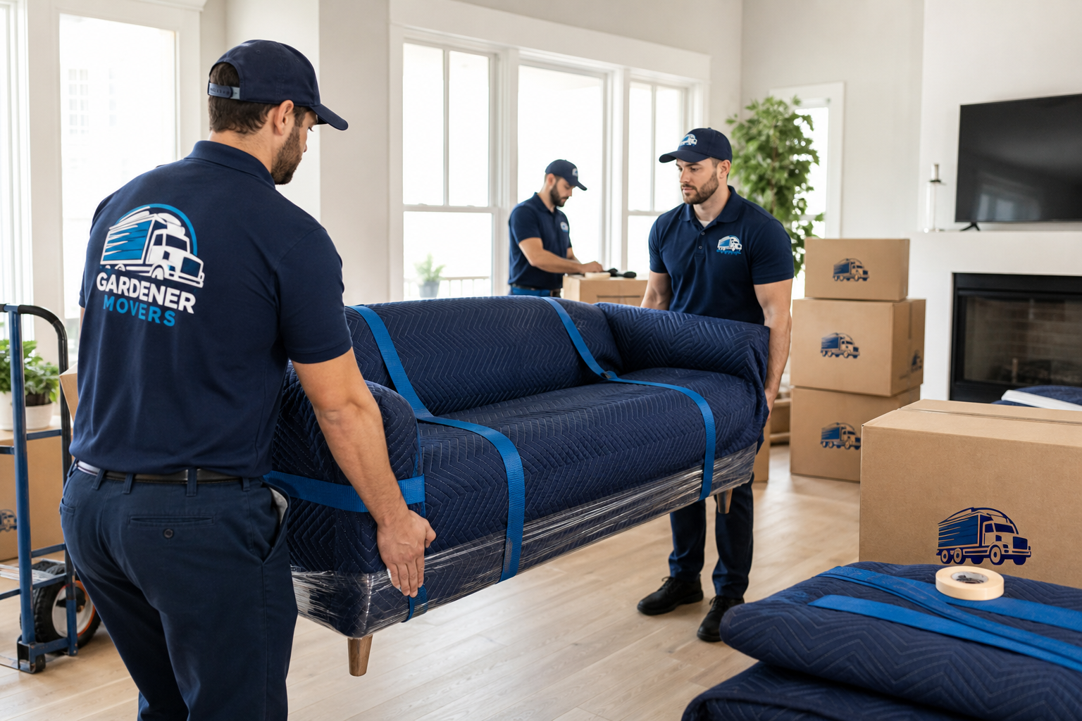 Professional movers in branded uniforms carefully wrapping and carrying furniture inside a bright residential home