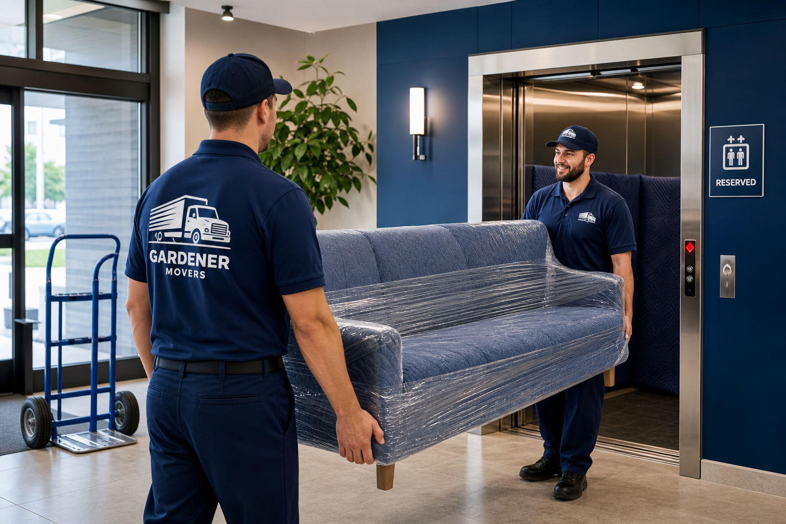 Apartment movers securing furniture blankets near an elevator in a modern building lobby