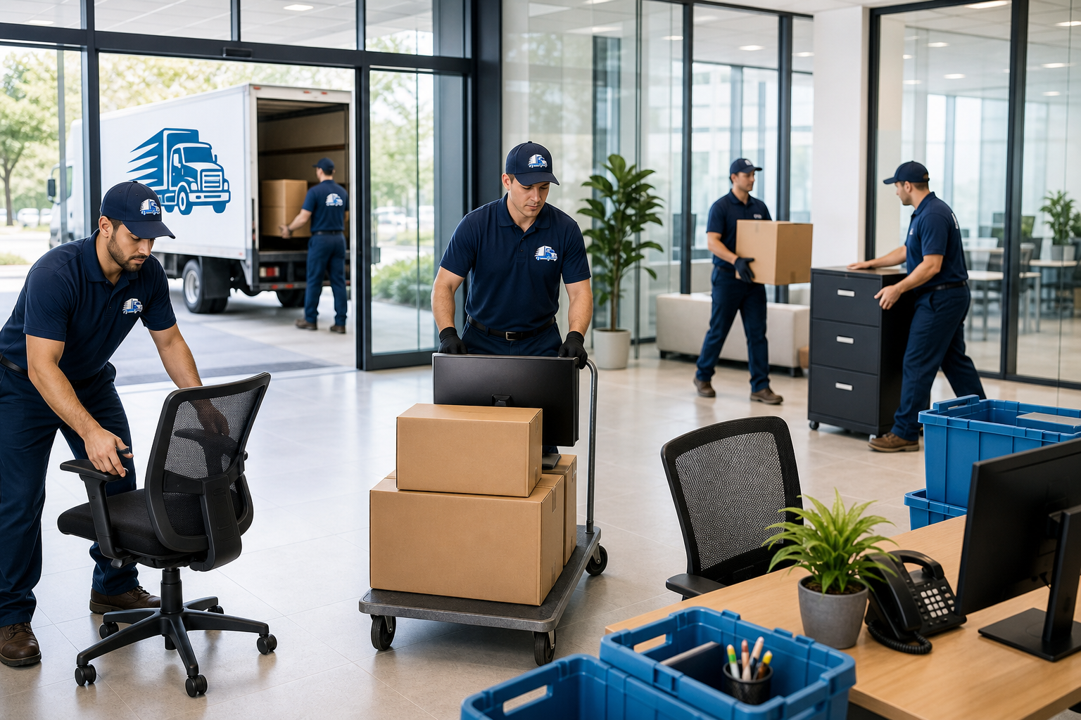 Office relocation scene with movers transporting desks, monitors, and filing cabinets
