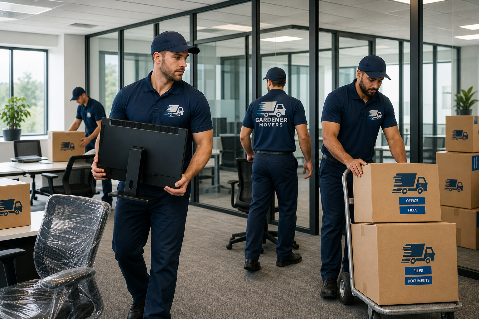 Professional movers transporting labeled office equipment in a modern workspace