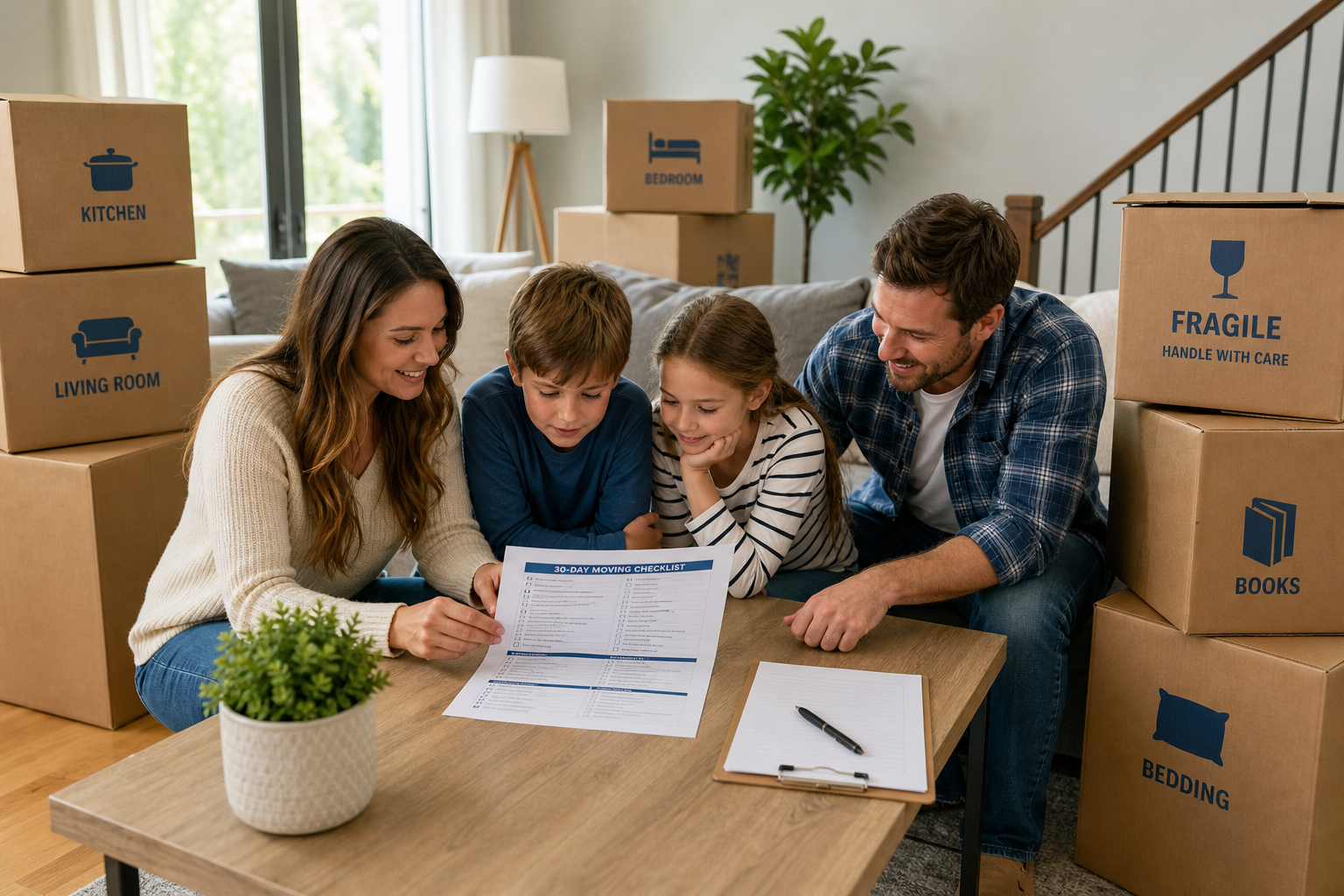 Family reviewing a printed moving checklist beside labeled cardboard boxes in a bright living room