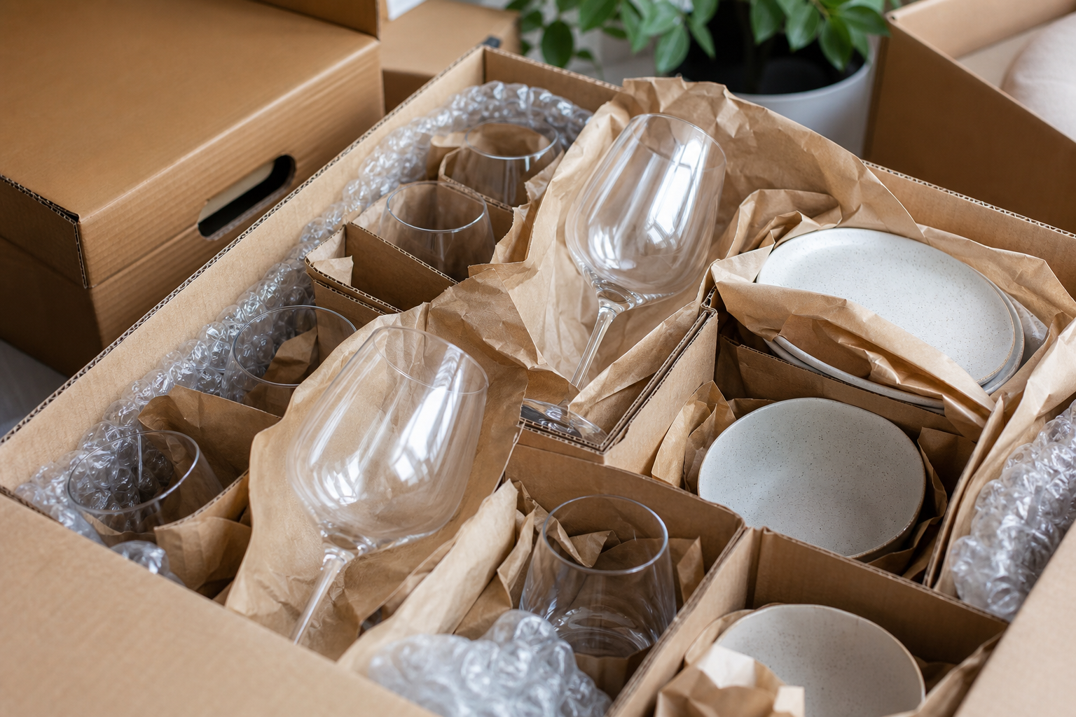 Close-up of wrapped glassware and dish packs with cushioning material inside sturdy boxes